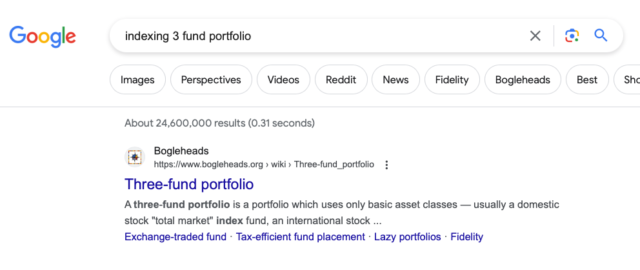 boglehead 3 fund indexing Google result